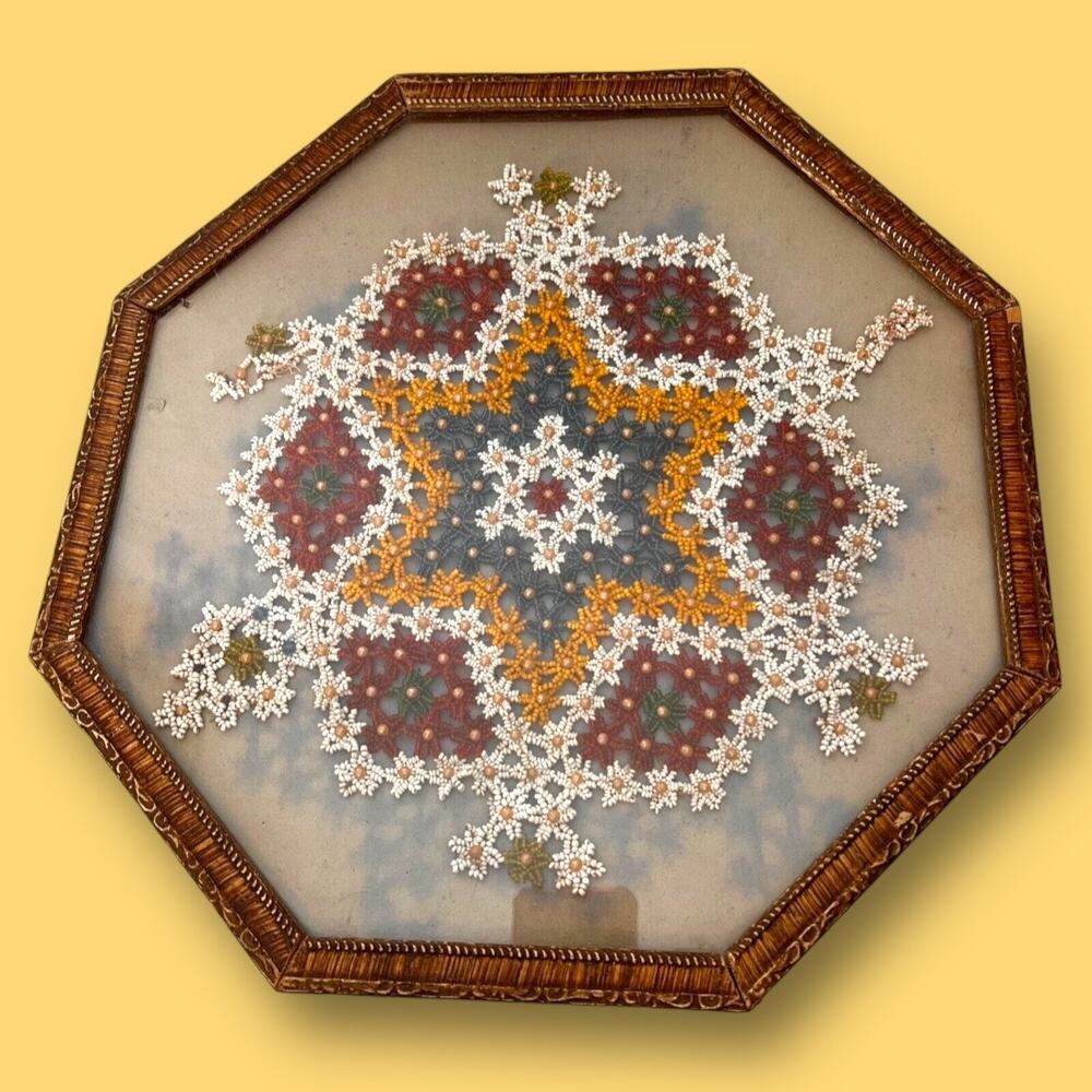 Vintage 20s Beading Under Glass Vanity Tray Framed Wall Decor Framed Flapper